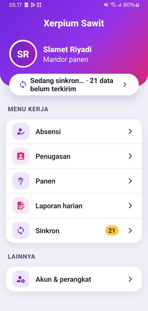 Beranda Xerpium Sawit Mobile: menu kerja mandor panen dan indikator data belum terkirim